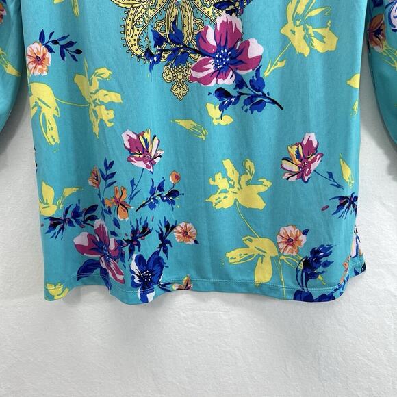 SUSAN GRAVER Liquid Knit Floral Tunic Top Size M Aqua Blue Tie Neck Long Sleeve - Picture 3 of 10
